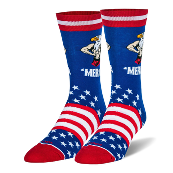 Blue socks featuring a muscular bald eagle flexing over the word 'MERICA, with white stars, stripes, and a solid red toe.