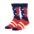 Crew socks with a navy blue leg, white stars, red USA text, and bold red and white stripes covering the foot area.