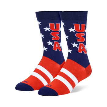 Crew socks with a navy blue leg, white stars, red USA text, and bold red and white stripes covering the foot area.