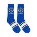 Flat lay of royal blue crew socks showing the U.S. Air Force seal, Veteran text, and athletic foot stripes.