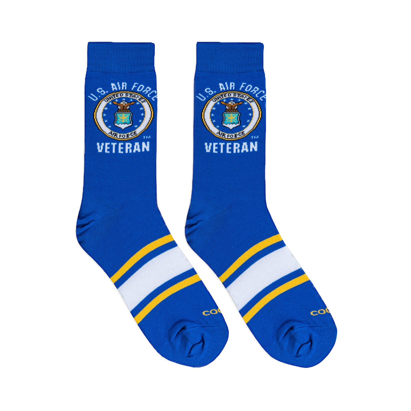 Flat lay of royal blue crew socks showing the U.S. Air Force seal, Veteran text, and athletic foot stripes.
