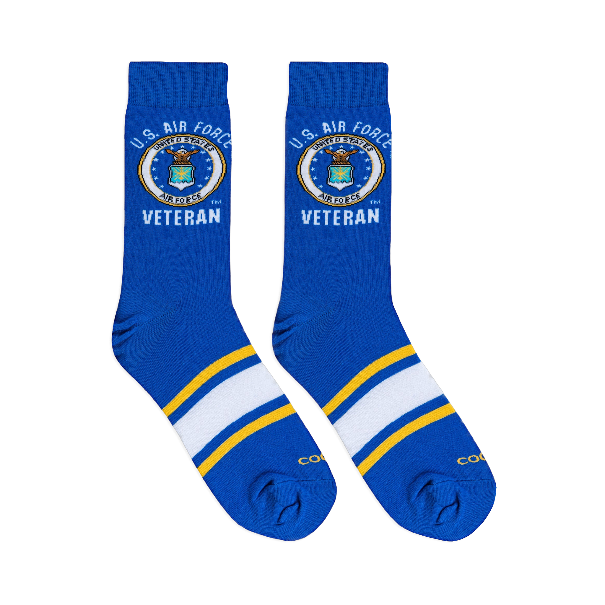 Flat lay of royal blue crew socks showing the U.S. Air Force seal, Veteran text, and athletic foot stripes.