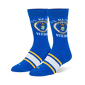 Royal blue crew socks with the US Air Force emblem and Veteran text on the calf, plus white and yellow foot stripes.
