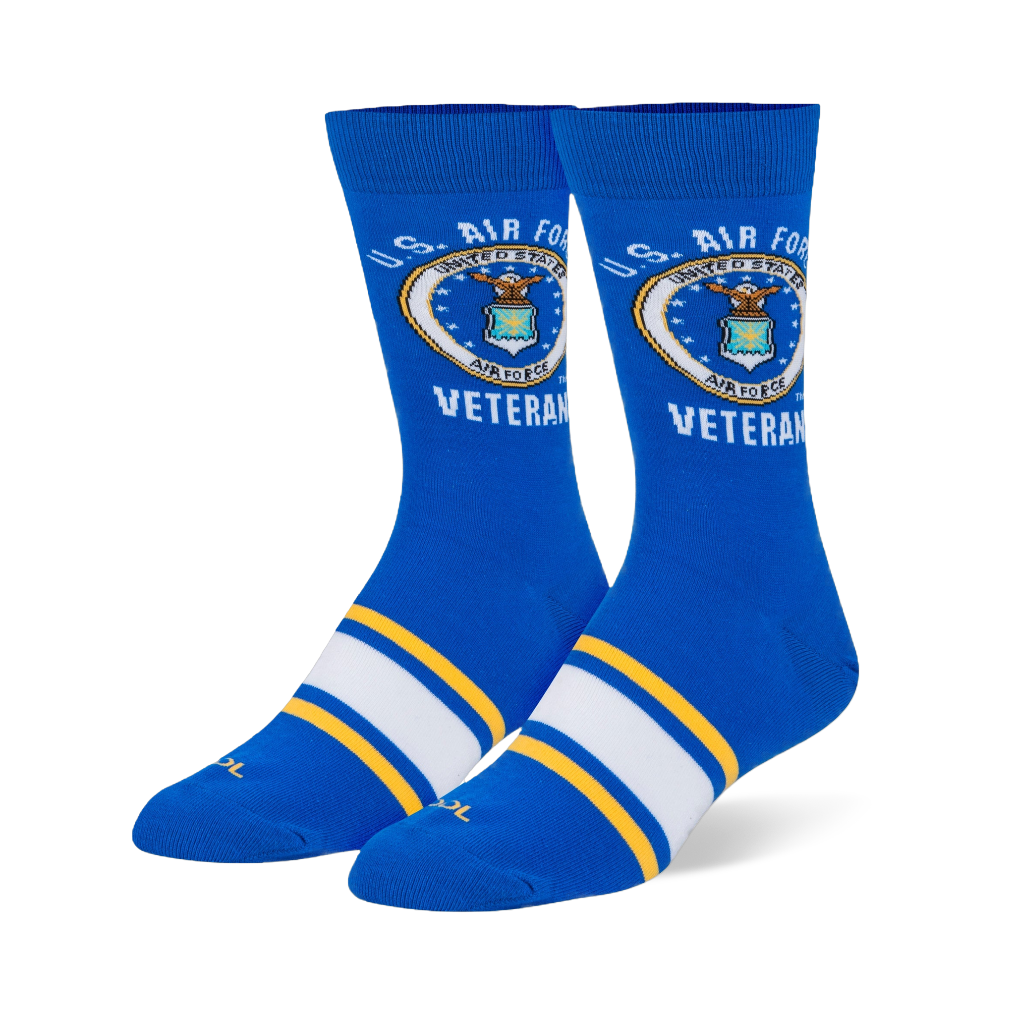 Royal blue crew socks with the US Air Force emblem and Veteran text on the calf, plus white and yellow foot stripes.
