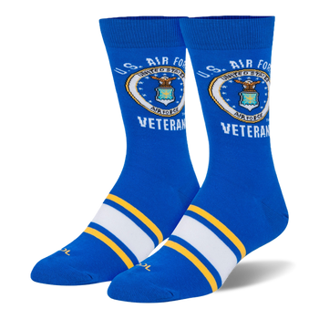 Royal blue crew socks with the US Air Force emblem and Veteran text on the calf, plus white and yellow foot stripes.