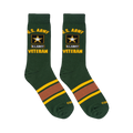 Flat lay of two green US Army Veteran socks showing yellow text, the star logo, and a brown stripe across the foot.
