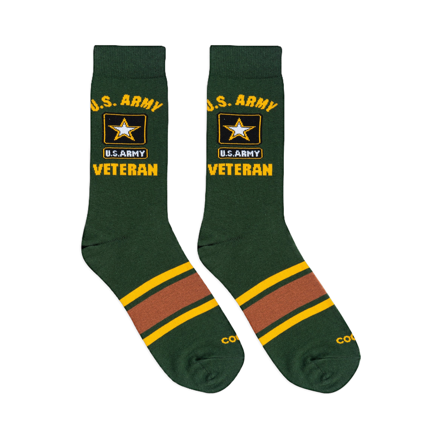 Flat lay of two green US Army Veteran socks showing yellow text, the star logo, and a brown stripe across the foot.