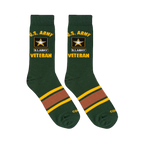 Flat lay of two green US Army Veteran socks showing yellow text, the star logo, and a brown stripe across the foot.