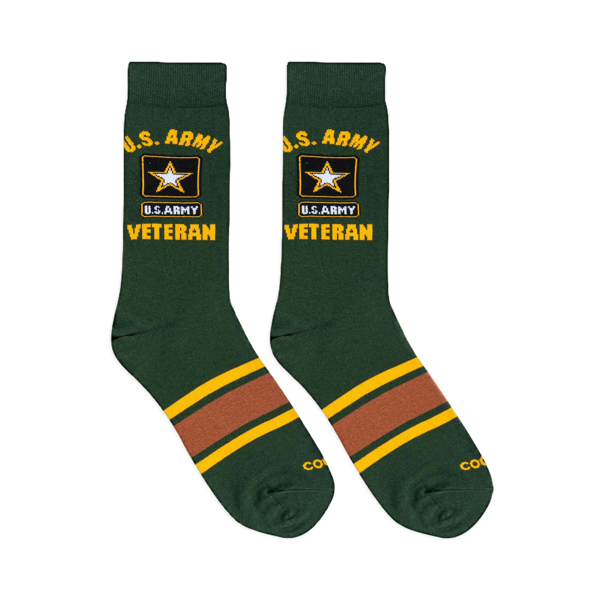 Flat lay of two green US Army Veteran socks showing yellow text, the star logo, and a brown stripe across the foot.