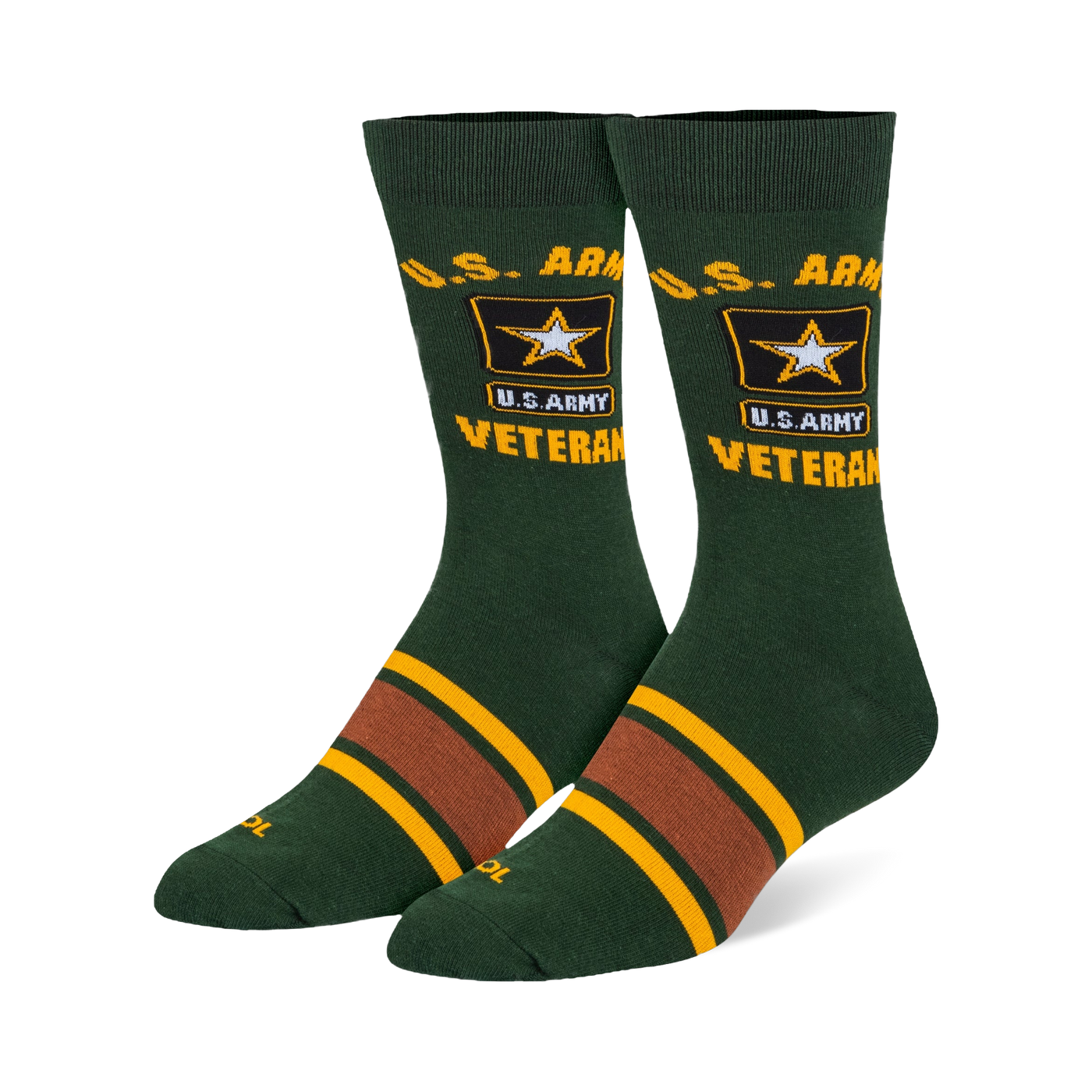 Dark green crew socks featuring yellow U.S. Army Veteran text, the Army star logo, and brown and yellow stripes on the foot.