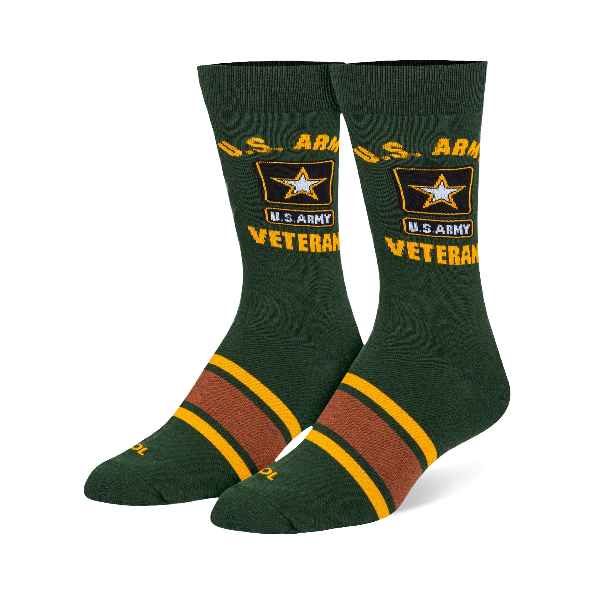Dark green crew socks featuring yellow U.S. Army Veteran text, the Army star logo, and brown and yellow stripes on the foot.