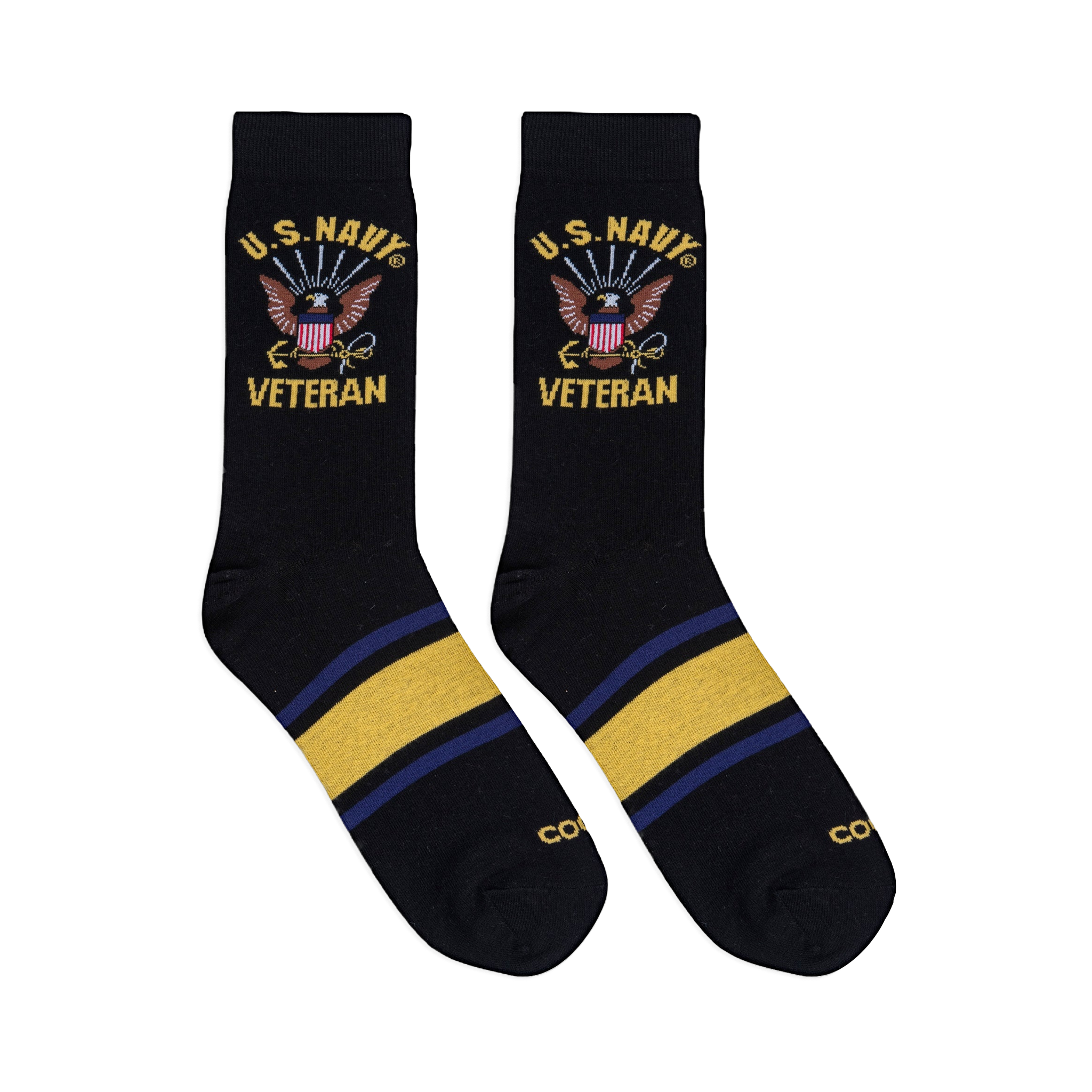 Flat lay of two black crew socks showing the U.S. Navy Veteran eagle design on the leg and yellow and blue foot stripes.