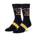 Black crew socks featuring a U.S. Navy Veteran eagle and anchor crest on the leg with yellow and blue stripes on the foot.