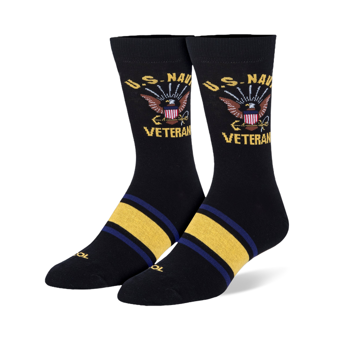 Black crew socks featuring a U.S. Navy Veteran eagle and anchor crest on the leg with yellow and blue stripes on the foot.
