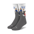 Gray crew socks with a white panel featuring a cartoon of a meeting with the words 'Fuck This Meeting'.  The socks have 'COOL' subtly printed on the bottom.