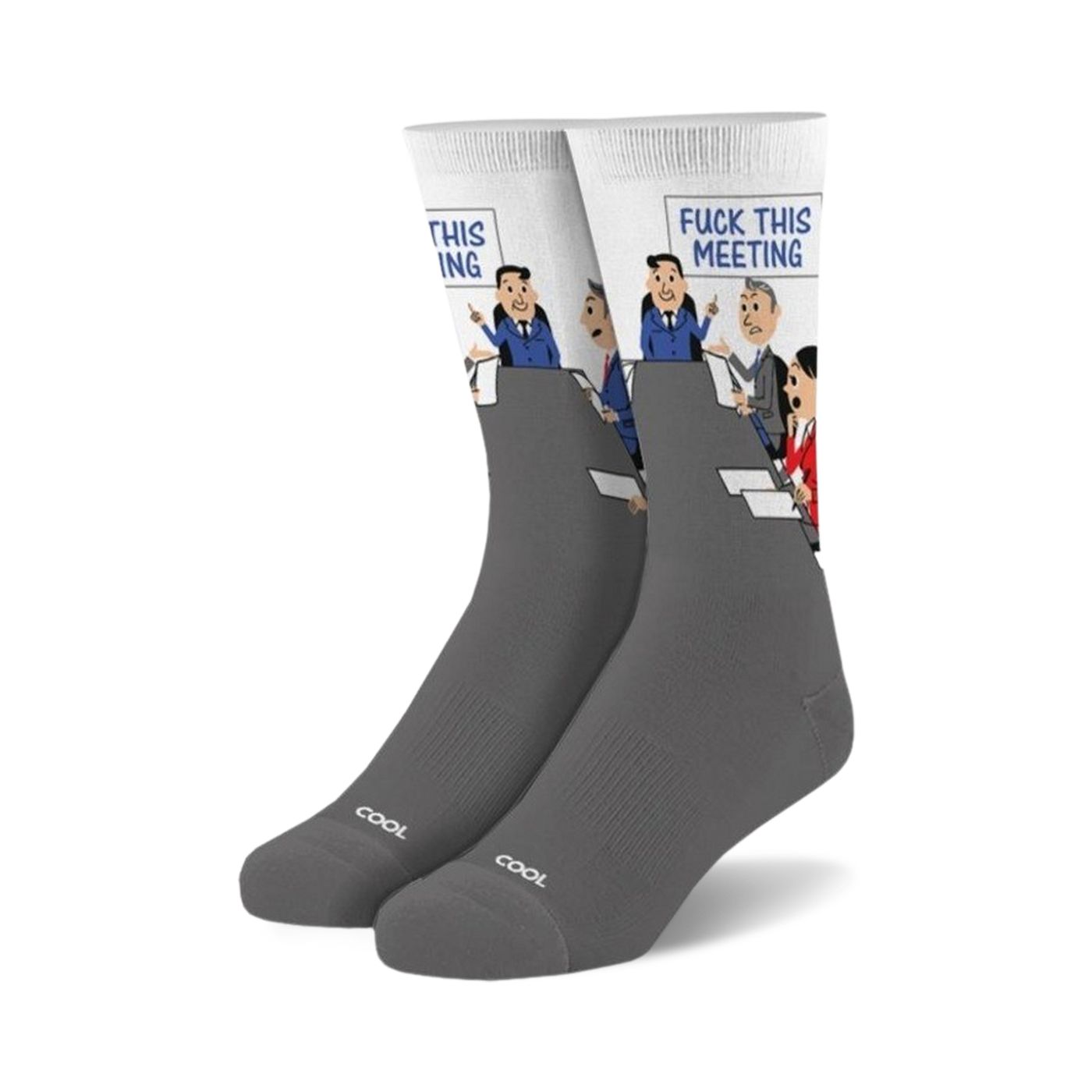 Gray crew socks with a white panel featuring a cartoon of a meeting with the words 'Fuck This Meeting'.  The socks have 'COOL' subtly printed on the bottom.