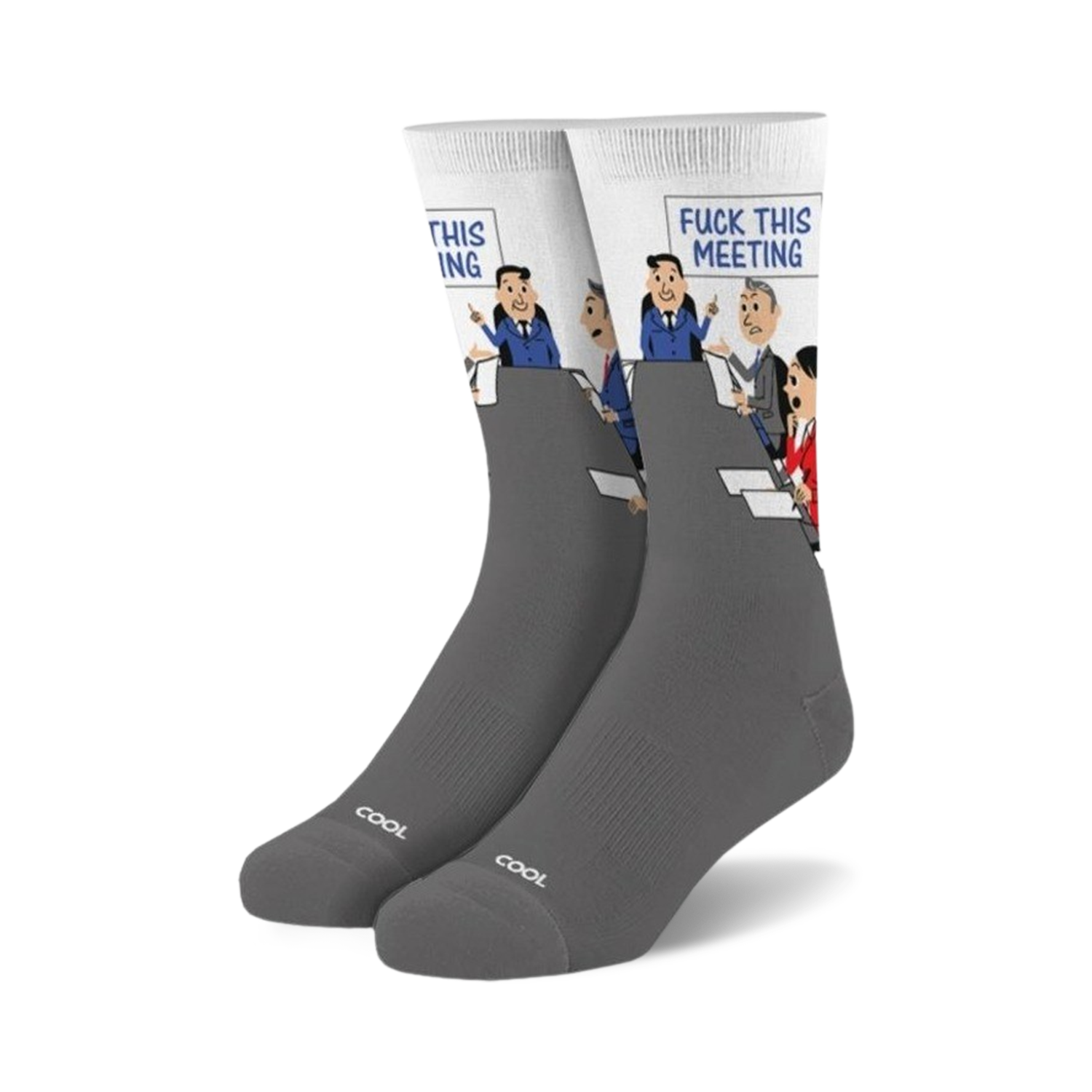 Gray crew socks with a white panel featuring a cartoon of a meeting with the words 'Fuck This Meeting'.  The socks have 'COOL' subtly printed on the bottom.