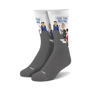 gray crew socks with cartoon of people in meeting. one person is saying "this ing" and pointing at flip chart. another person is saying "fuck this meeting".  