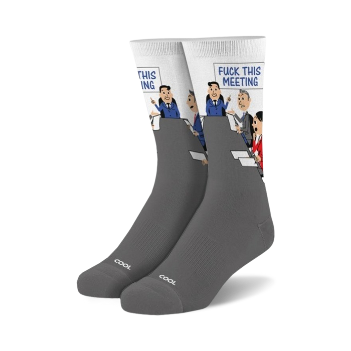 gray crew socks with cartoon of people in meeting. one person is saying 