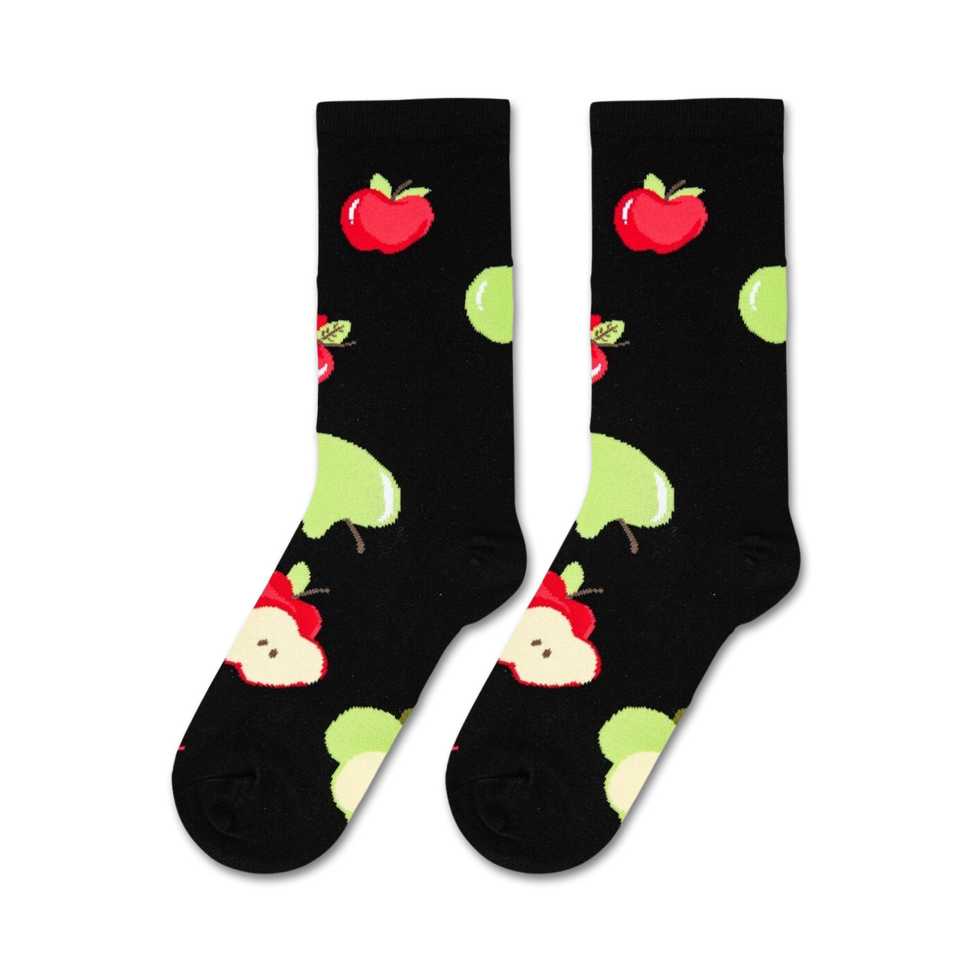 Flat lay showcasing two Apples socks, highlighting the full apple print design against a white background.