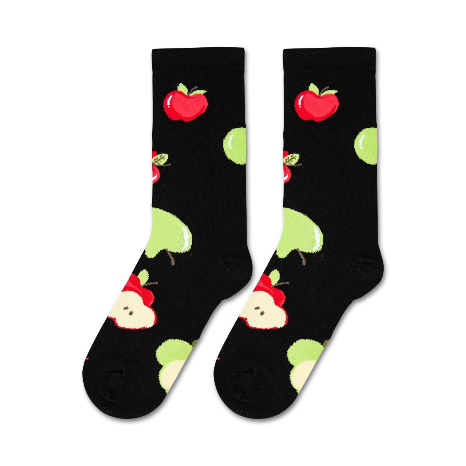 Flat lay showcasing two Apples socks, highlighting the full apple print design against a white background.
