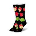 Pair of crew socks with a fun apple print.  Red and green apples are scattered on a black background.  A whimsical design for everyday wear.