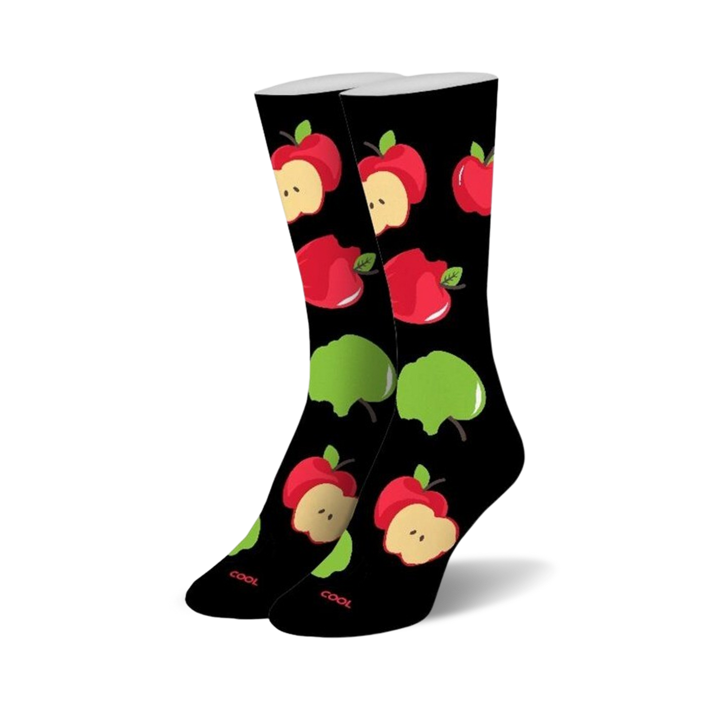 Pair of crew socks with a fun apple print.  Red and green apples are scattered on a black background.  A whimsical design for everyday wear.
