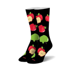 Pair of crew socks with a fun apple print.  Red and green apples are scattered on a black background.  A whimsical design for everyday wear.