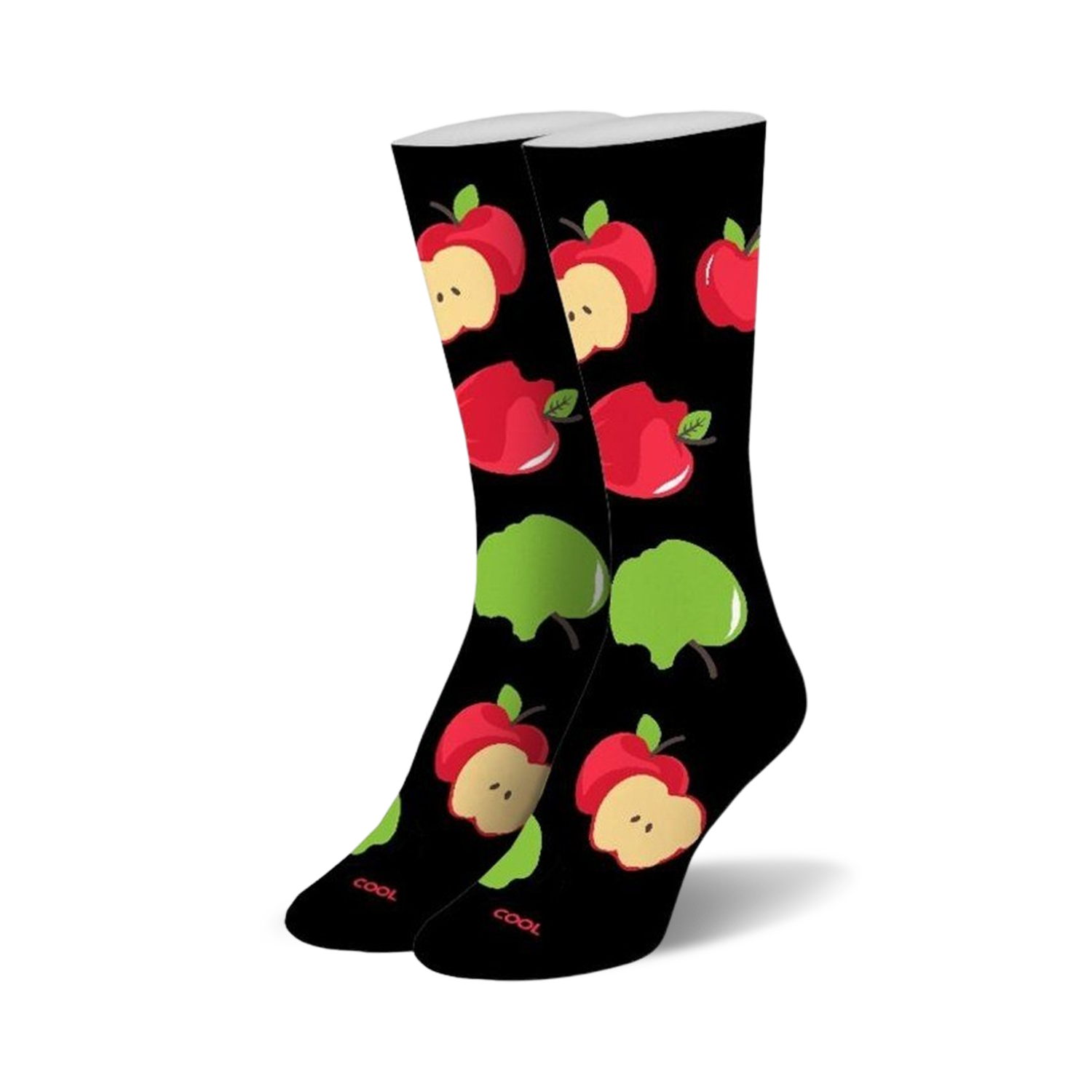 Pair of crew socks with a fun apple print.  Red and green apples are scattered on a black background.  A whimsical design for everyday wear.