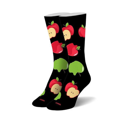 black crew socks with red and green bitten apples pattern.   