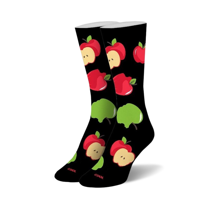 black crew socks with red and green bitten apples pattern.   