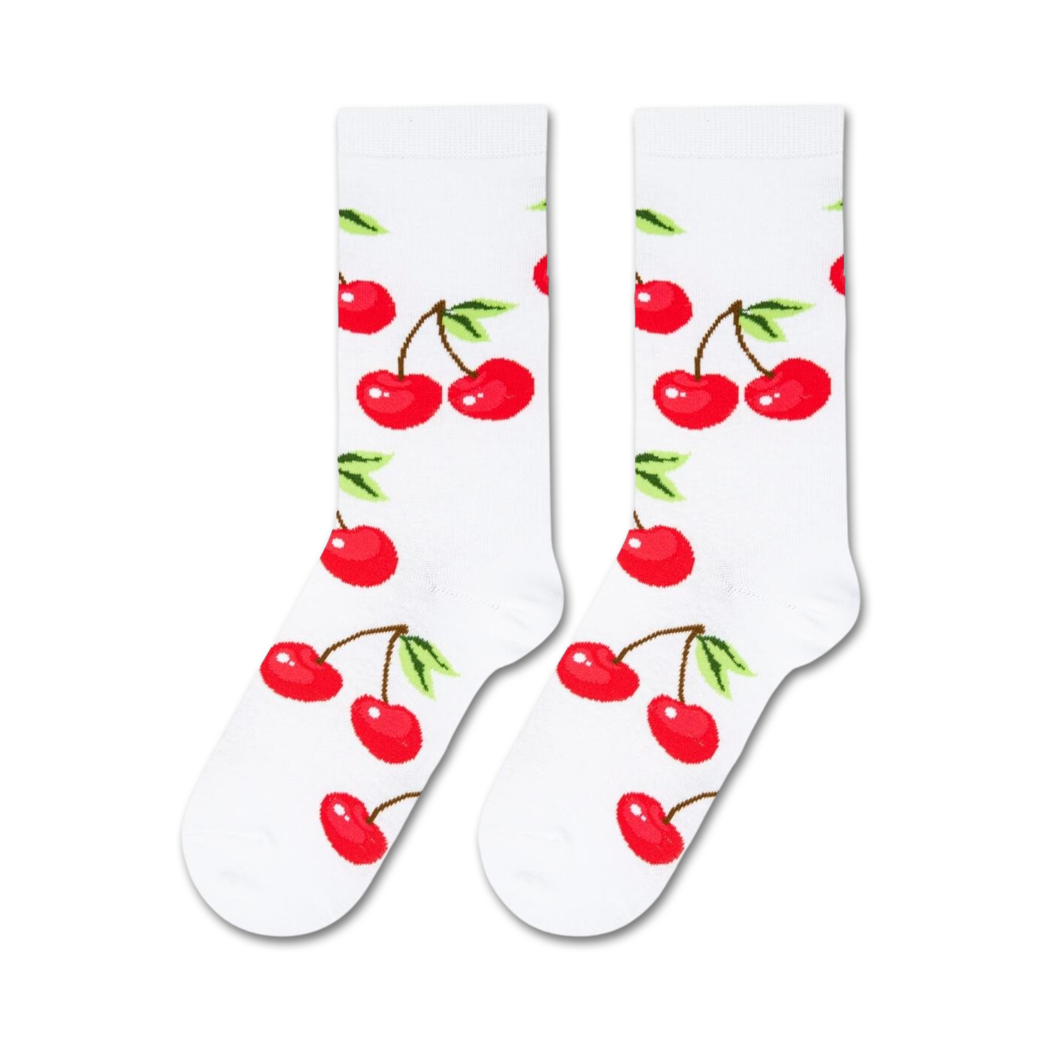 Flatlay product shot of two 'Cherry On Top' socks showcasing the full cherry print design.