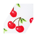 Close-up detail shot highlighting the vibrant red cherries and crisp white background of the socks.