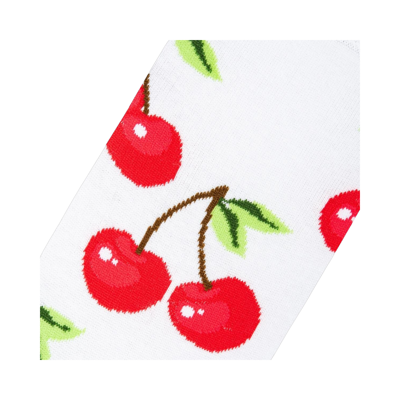 Close-up detail shot highlighting the vibrant red cherries and crisp white background of the socks.
