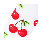 Close-up detail shot highlighting the vibrant red cherries and crisp white background of the socks.