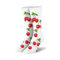 Pair of white crew socks with a repeating pattern of red cherries and green stems. Fun, casual style.