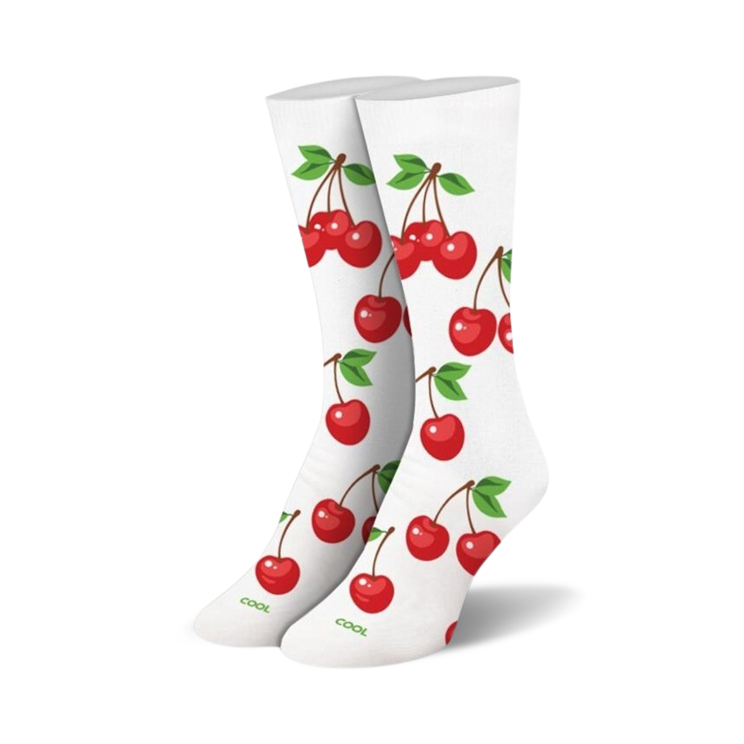 Pair of white crew socks with a repeating pattern of red cherries and green stems. Fun, casual style.