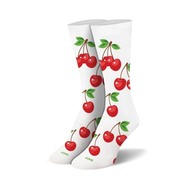 women's cherry on top crew socks: delightful red cherries with green stems and leaves on a white background.  
