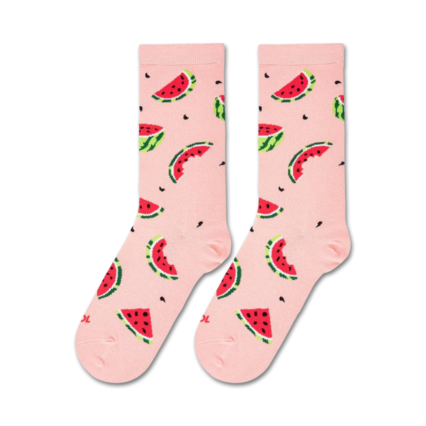 Flatlay showcasing a pair of pink watermelon socks.