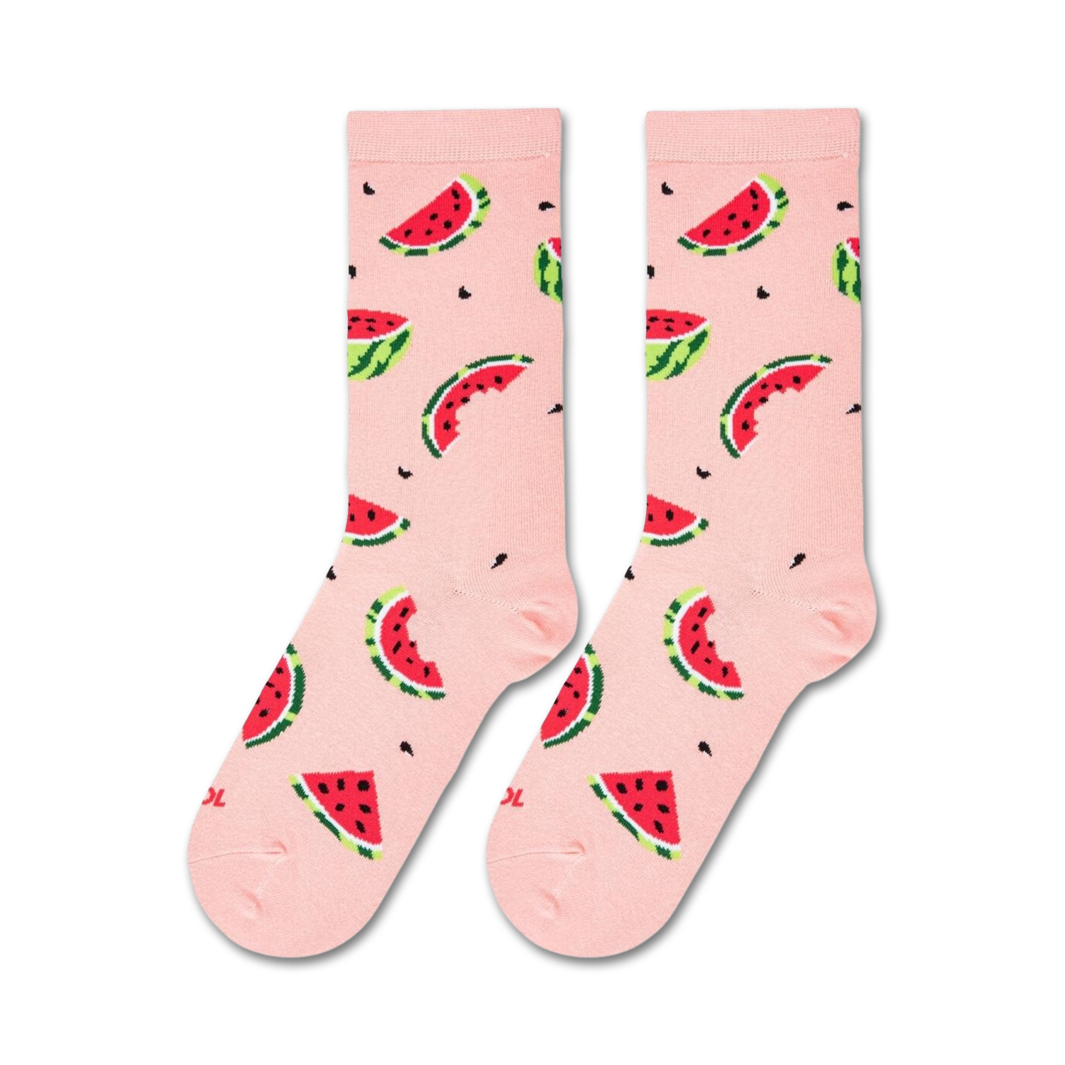 Flatlay showcasing a pair of pink watermelon socks.
