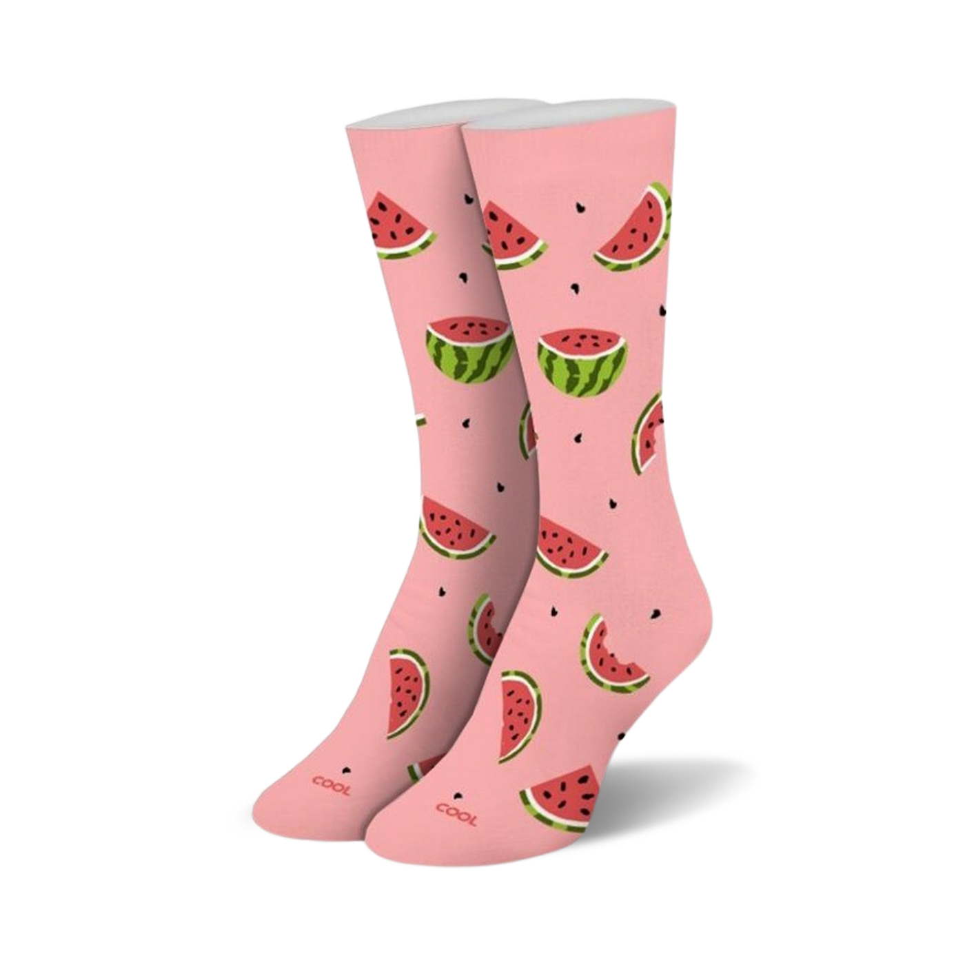 Pair of pink crew socks with a whimsical watermelon print.  Watermelon slices and seeds are scattered across a light pink background.