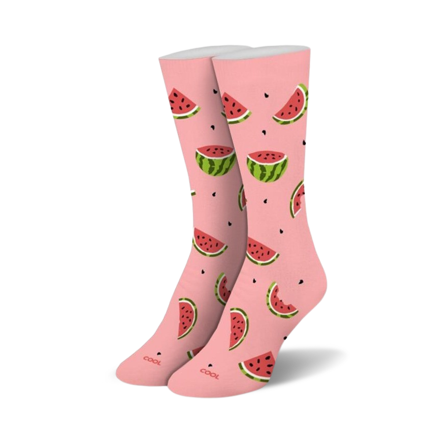 Pair of pink crew socks with a whimsical watermelon print.  Watermelon slices and seeds are scattered across a light pink background.