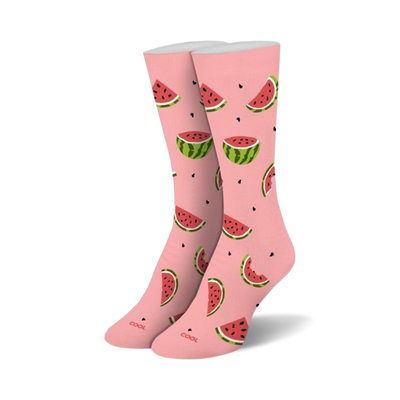 pink crew socks with watermelon pattern. keywords: socks, crew socks, watermelon, watermelon socks, pink socks, novelty socks  