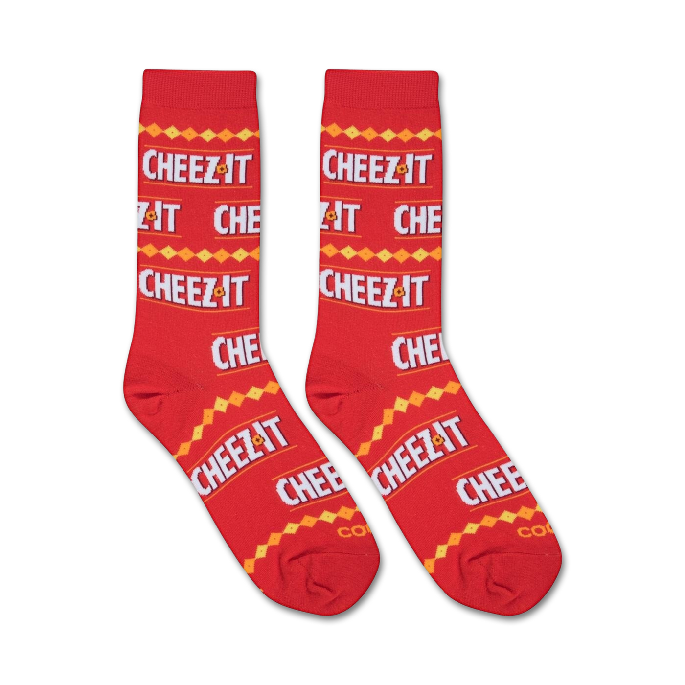 Close-up view of two Cheez-It-patterned socks against a plain background.