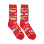 Close-up view of two Cheez-It-patterned socks against a plain background.