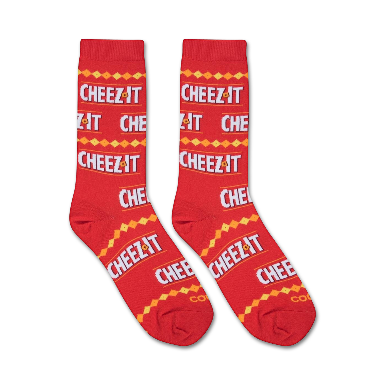 Close-up view of two Cheez-It-patterned socks against a plain background.