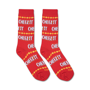 A red sock with white and yellow repeating text that reads 