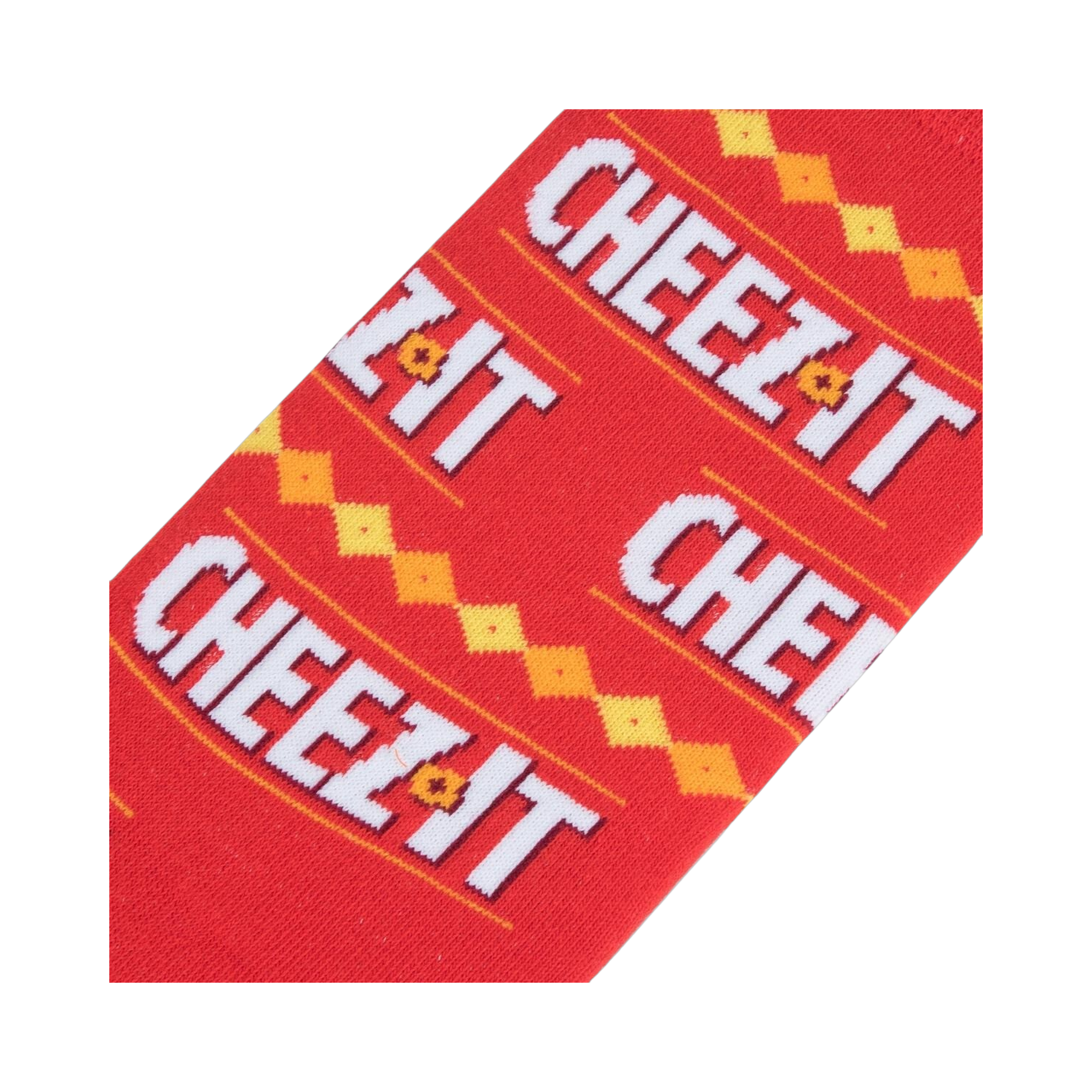 Detailed close-up of the Cheez-It sock fabric, highlighting the design's texture and colors.