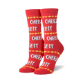Pair of red crew socks with a repeating pattern of the Cheez-It logo and a yellow and orange diamond pattern.