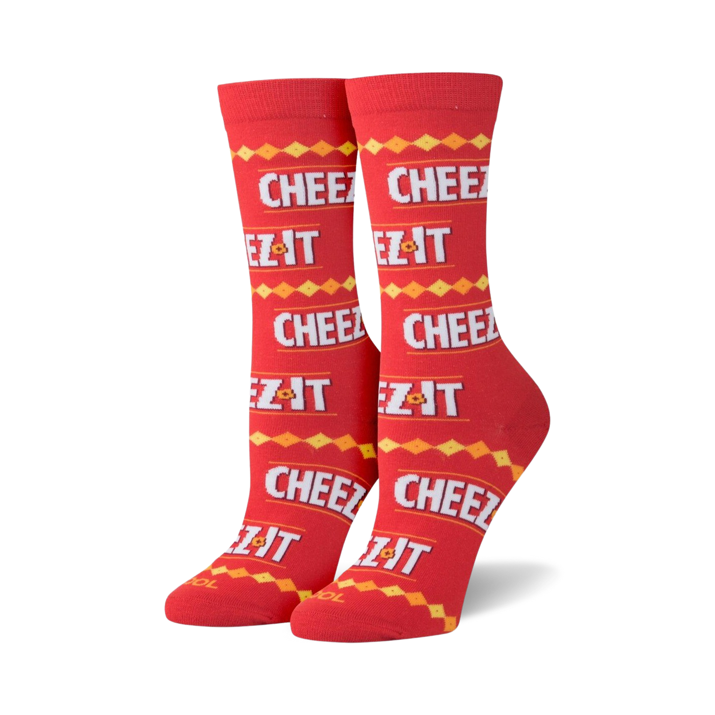 Pair of red crew socks with a repeating pattern of the Cheez-It logo and a yellow and orange diamond pattern.